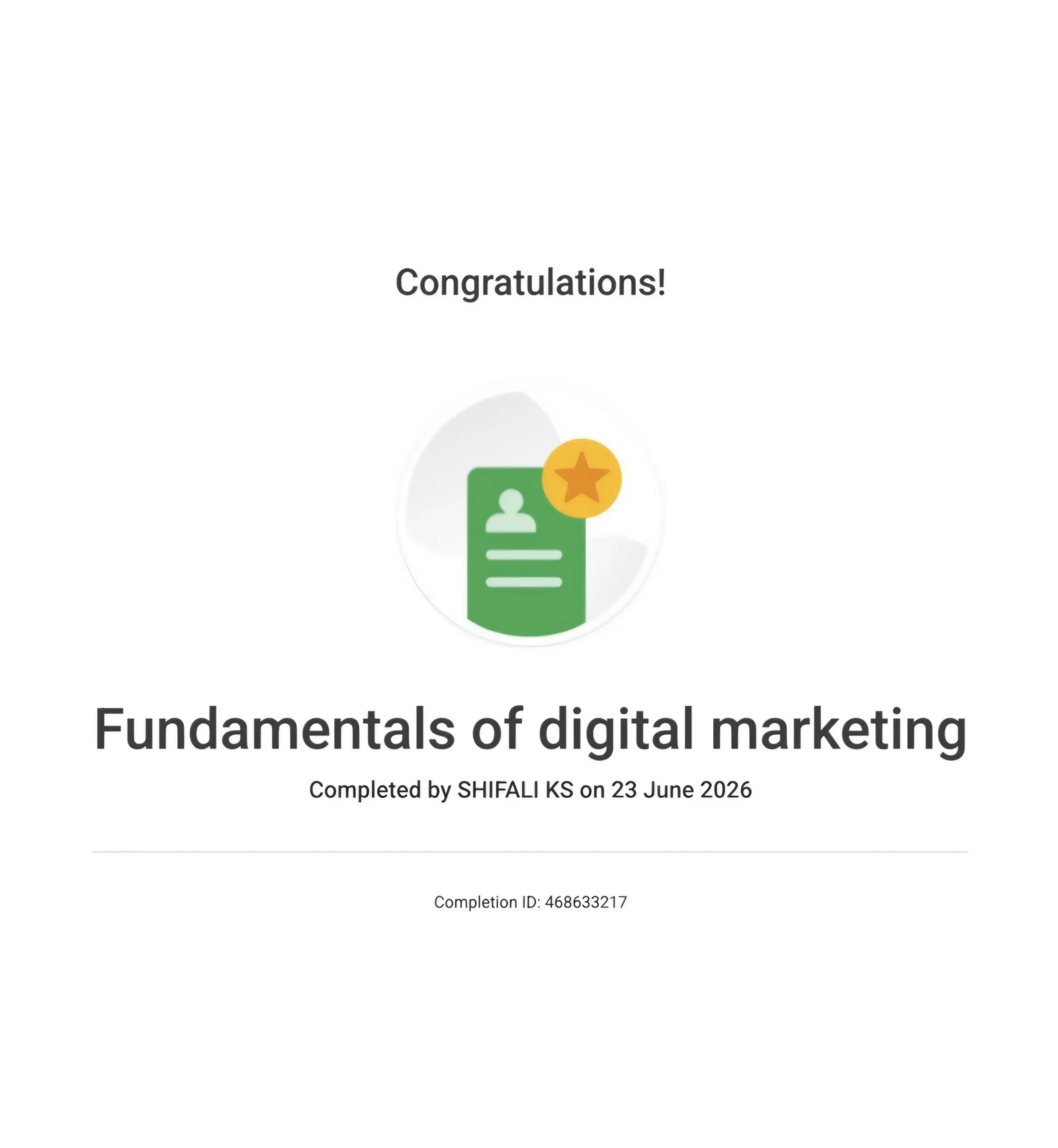 Fundamentals of Digital Marketing awarded to Shifali K S