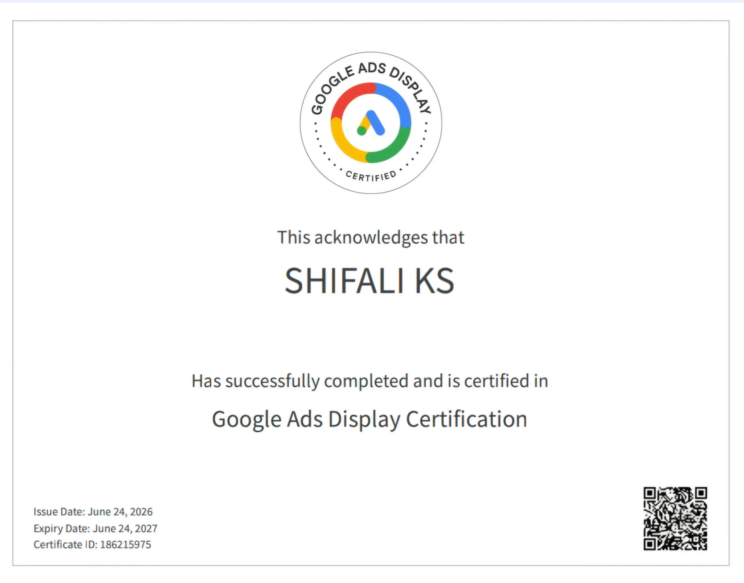 Google Ads Display awarded to Shifali K S