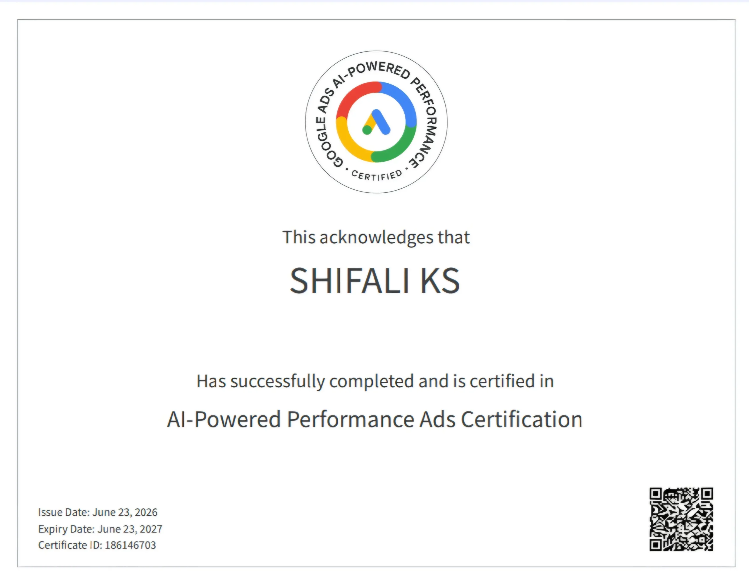Google Ads Performance awarded to Shifali K S