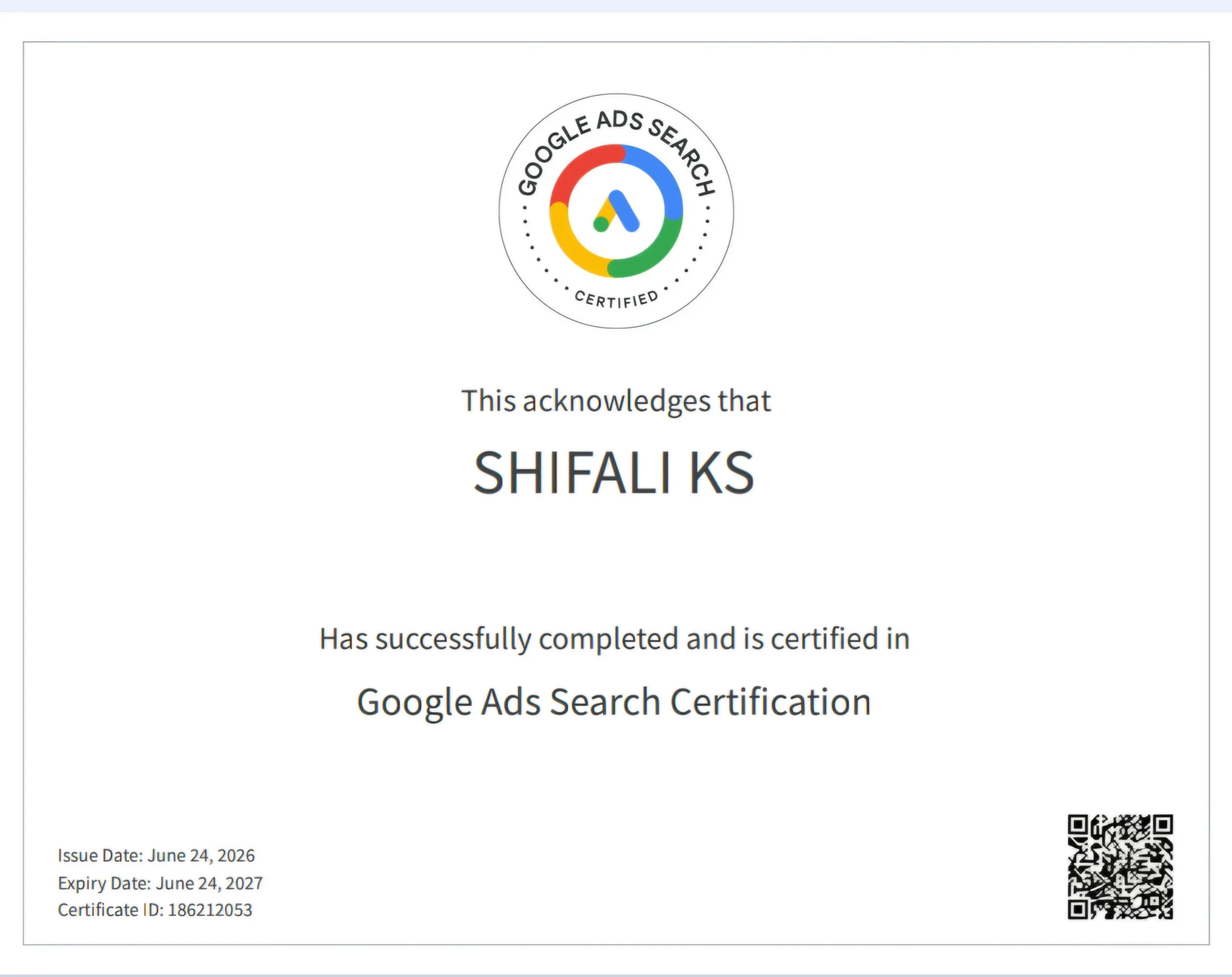 Google Ads Search awarded to Shifali K S