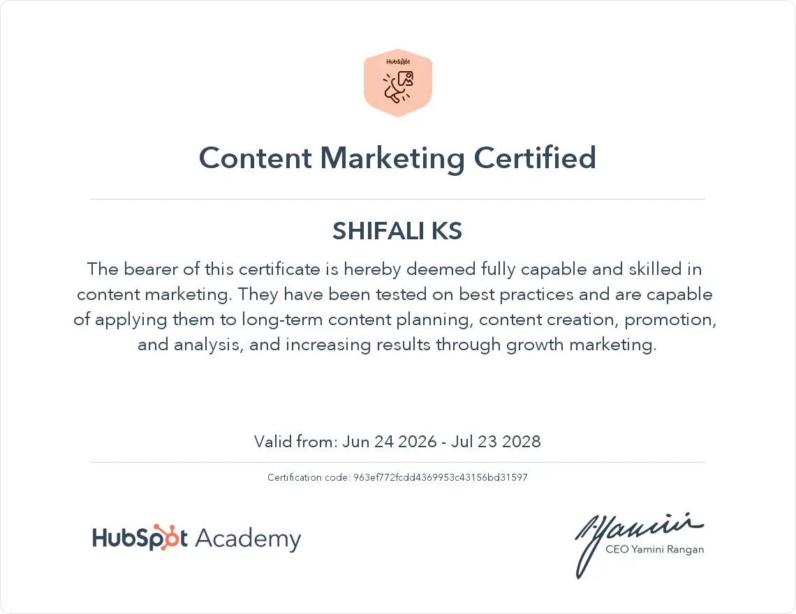 Hubspot Content Marketing awarded to Shifali K S