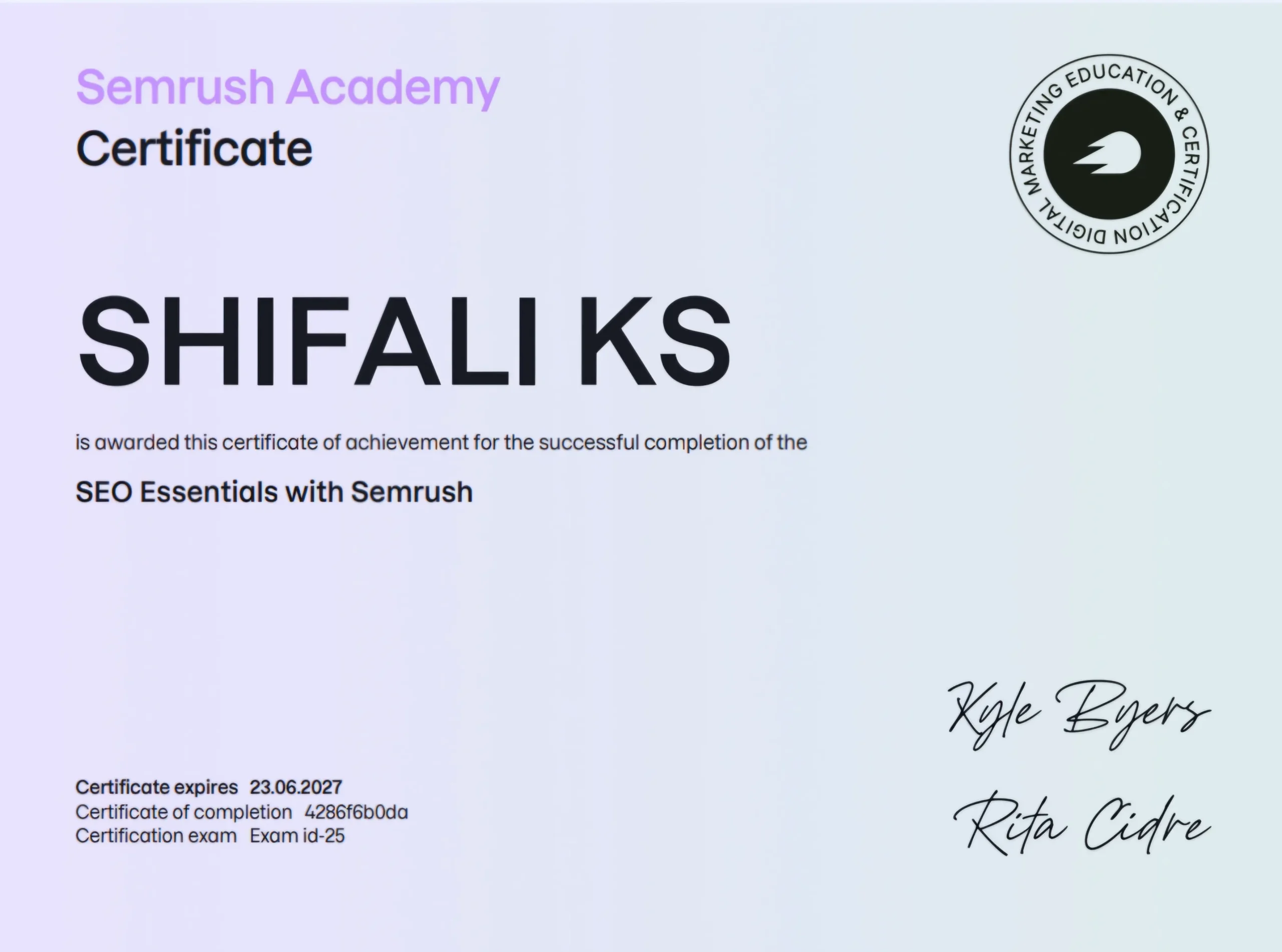 SEMrush SEO Essentials awarded to Shifali K S